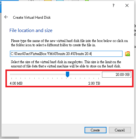 Select file size during creating hard disk