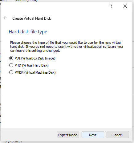 Select filetype during creating hard disk